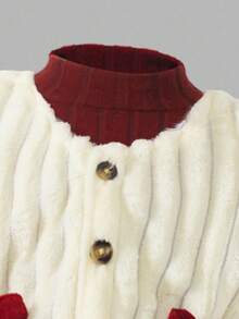 Sweetra Baby Girl With Autumn And Winter Fashion Elegant High Neck Puff Sleeve Waist-Hugging Solid Color Plush Textured Dress And Short Round Neck Fluffy Bow Decorative Plush Warm Vest Autumn And Winter Suit, Daily Wear - Multicolor - View 6