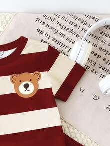SHEIN Playful Pals 2pcs/Set Baby Boy Cute Bear & Striped Print Round Neck Short Sleeve T-Shirt With Navy Blue Shorts Set, Suitable For Outings In Summer - Multicolor - View 6