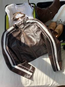 Comfortcana Women Striped Long Sleeve Casual Brown Faux Leather Motorcycle Cropped Jacket, Autumn - Brown - View 4