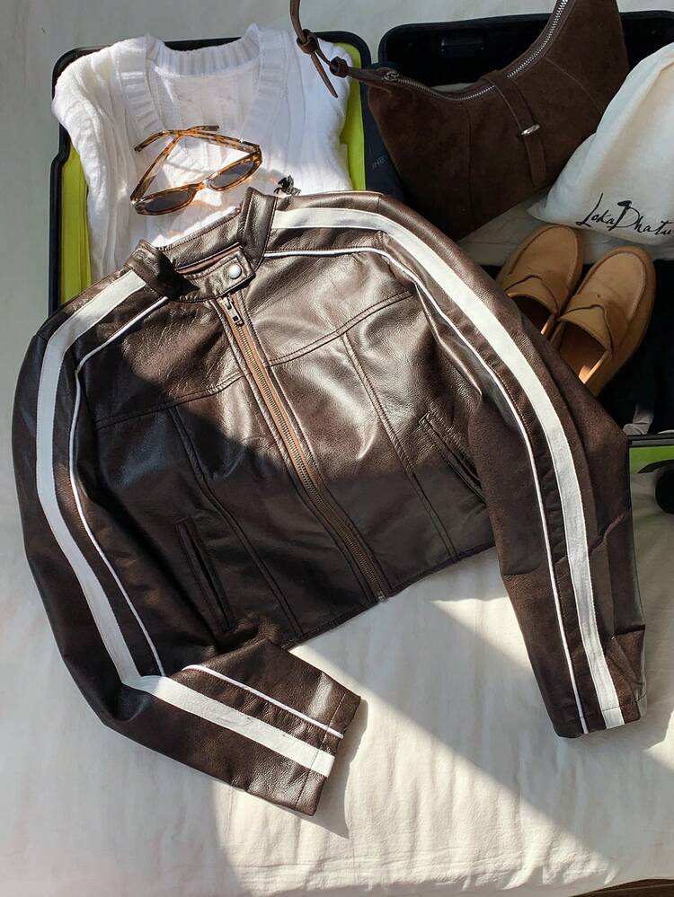 Comfortcana 女式条纹长袖休闲棕色仿皮摩托车短款夹克，秋季 - 棕色 - 查看 4