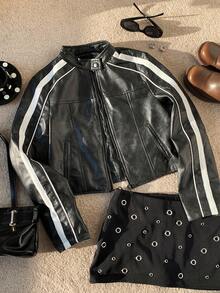 Comfortcana Striped Side-Zip Cropped Jacket For Everyday Wear, Retro Distressed, Perfect For Back To School In Fall/Winter - Black - View 5