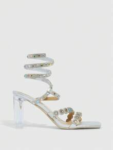 CUCCOO SZL Damen Strass-Dekor Quadratische Zehenkappe Modische Luxuriöse Elegante High Heel Sandalen - Silber - Übersicht 5