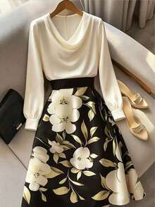 GlowEve CURVE Vestido elegante con cuello en pico, estampado floral y parches para mujer de talla grande - Albaricoque - Ver 4