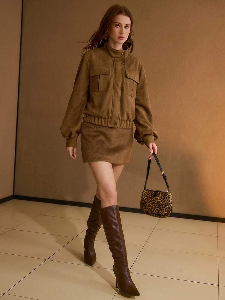 JAQUETA CURTA UTILITÁRIA DE CAMURÇA COM GOLA ALTA PARA MULHERES, ROUPA DE OUTONO/INVERNO