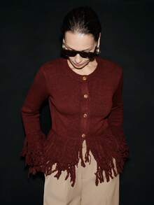 Lumivelle Cardigan à manches longues pour femmes, col rond, boucle métallique, franges, style décontracté - Rouge foncé - Voir 7