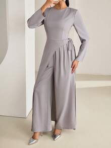 Veilorie Bộ đồ liền thân buộc dây màu trơn thanh lịch dành cho nữ khi đi làm - Màu Khaki - Xem 7