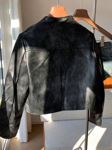 Comfortcana Striped Side-Zip Cropped Jacket For Everyday Wear, Retro Distressed, Perfect For Back To School In Fall/Winter - Black - View 2