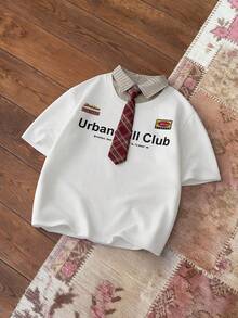 SWAVVY Men's Casual College Style Letter & Striped Print 2 In 1 T-Shirt With Necktie, Summer College Style Pattern Polo Men Unisex Clothes Men Club Wear Pro Club Shirt - White - View 1