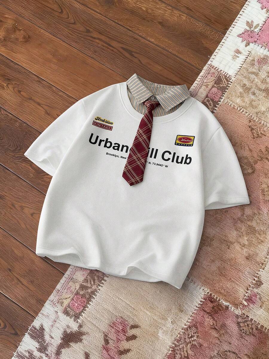 SWAVVY Men's Casual College Style Letter & Striped Print 2 In 1 T-Shirt With Necktie, Summer College Style Pattern Polo Men Unisex Clothes Men Club Wear Pro Club Shirt - White - View 1