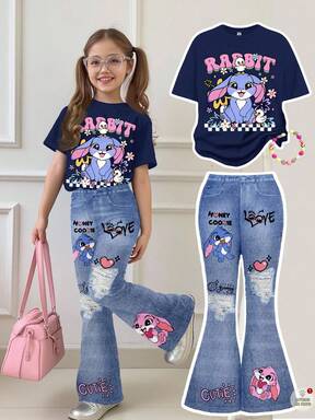 Navy Blue, Cute Cartoon Checkerboard, Blue Rabbit Stitch Flower, Heart Pattern, Young Girl Casual Loose Round Neck Short Sleeve T-Shirt And Flare Pants 2 Pieces Set, Suitable For Autumn, Autumn Outfits, Easy Comfort, Autumn Layers For Kids, Stylish Kids, Casual Wear, Kids Graphic Clothes, Back To School, Fall Clothes, Homecoming