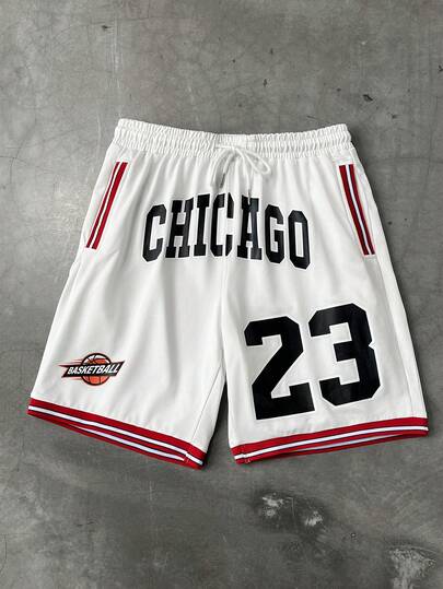 Aesthetic Post 男士休闲字母数字印花短裤，夏季