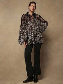 Freevana Plus Size Elegant Lace Patchwork Leopard Print Lantern Sleeve Blouse