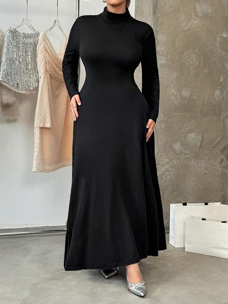 SHEIN EZwear 大码黑色高领长款休闲连衣裙，适合约会、外出和通勤，秋冬季百搭之选 - 黑色 - 查看 1