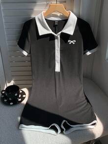 Attitoon Mono de cuello polo con gráfico de mariposa de estilo retro casual y contraste de colores, versátil para otoño/invierno - Negro - Ver 6