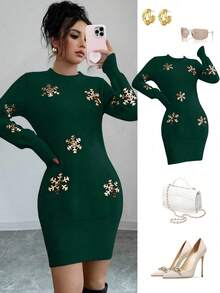 Franclia European & American New Blogger Same Style Christmas Vibe Heavy Embellished Gold Sequin Snowflake Pattern Fitted Long Sleeve Knit Sweater Dress - Green - View 1