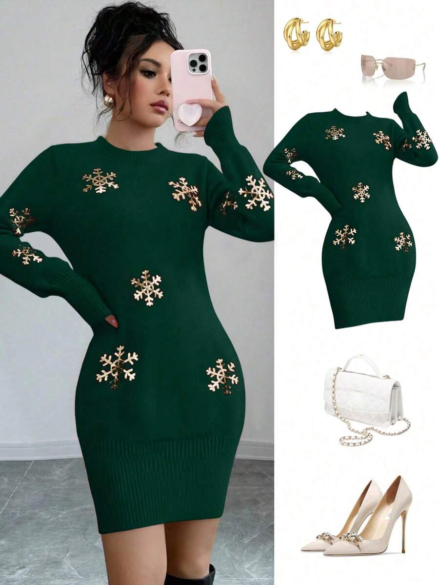 Franclia European & American New Blogger Same Style Christmas Vibe Heavy Embellished Gold Sequin Snowflake Pattern Fitted Long Sleeve Knit Sweater Dress - Green - View 1