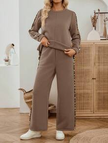 SHEIN LUNE 女士度假休闲豹纹拼接上衣和裤子两件套 - 卡其色 - 查看 8