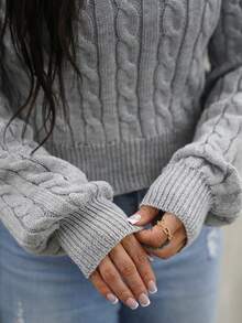 SAYEHFBABY Plain Solid Color Twist Knit Crew Neck Casual Versatile Long Sleeve Pullover Sweater Knit Pullover Fall Winter Outfit - Grey - View 3