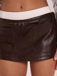 Avenya Calça Shorts com Cinto Destacável Marrom Café de Cintura Baixa Ultra Curta, Shorts de Couro PU Plissado com Fivela Sólida, Shorts Casuais Curtos Decorados com Fivela de Cor Sólida, Shorts Curtos de Couro, Parte de Baixo para Noite, Parte de Baixo para Balada, Shorts Marrom Café, Parte de Baixo para Festa, Shorts de Couro, Adequado para Transporte, Lazer, Saída, Encontro com Amigas, Uso Universitário, Estilo Old Money, Múltiplas Ocasiões - Multicolorido - Visão 2