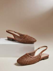 SHUZIA #OldMoney Women's Square Toe Pu Tan Woven Slingback Flats – Classic Coastal Chic & Breezy Comfort - Maroon - View 3