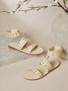 SHUZIA Women's Fashionable Comfortable Metal Studded Ankle Strap Flat Sandals - White - View 6