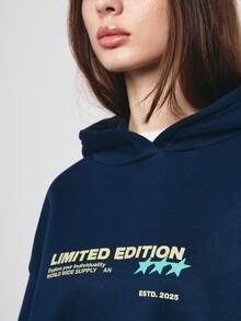 SURIMA Women's Casual Navy Blue Hooded Letter Graphic Knitted Fabric Pullover Sweatshirt With Drop Shoulder Long Sleeve And Rib-Knit Detail Regular Fit For Everyday Style - Navy Blue - View 5