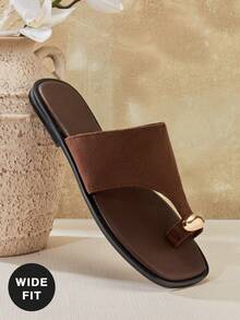 SHUZIA Women's Wide-Fit Outdoors Flat Sandals Toe Ring Slip On Open Toe Slide Sandals