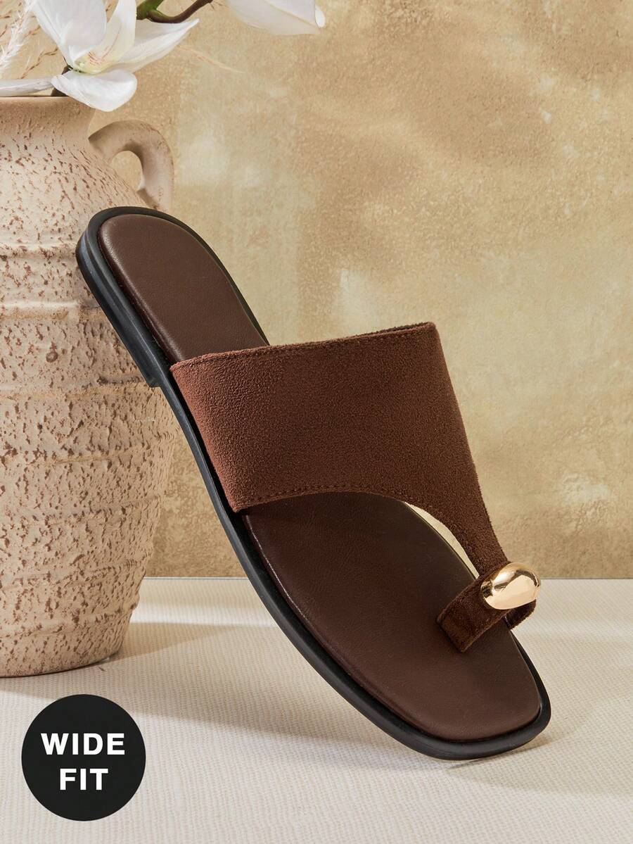 SHUZIA Women's Wide-Fit Outdoors Flat Sandals Toe Ring Slip On Open Toe Slide Sandals