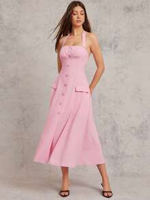 L'Amorae Vestido midi de verano casual con cuello halter, abotonado y ajustado en la cintura para cumpleaños - Rosa - Ver 4