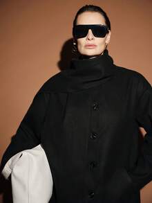 Lumivelle Women's Elegant Minimalist Scarf Collar Loose Fit Wool Coat, Autumn/Winter - Black - View 6