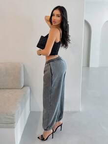Shopreo Washed Drawstring Waist Joggers Spring Vacation Casual Airport Summer Active Graduation, Teacher Outfits For Women, Back To School Fall, Autumn, Winter Christmas - Dark Grey - View 3