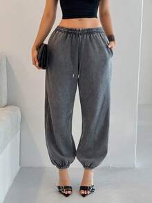 Shopreo Washed Drawstring Waist Joggers Spring Vacation Casual Airport Summer Active Graduation, Teacher Outfits For Women, Back To School Fall, Autumn, Winter Christmas - Dark Grey - View 4