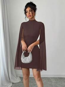 SHEIN PETITE Women's Mandarin Collar Chiffon Cape Bodycon Mini Dress - Brown - View 3