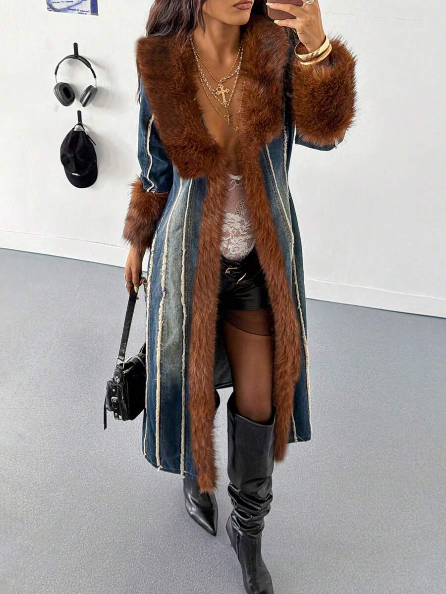 StreetHx Women's Long Sleeve Fur Collar Frayed Hem Long Denim Jacket - Blue - View 1