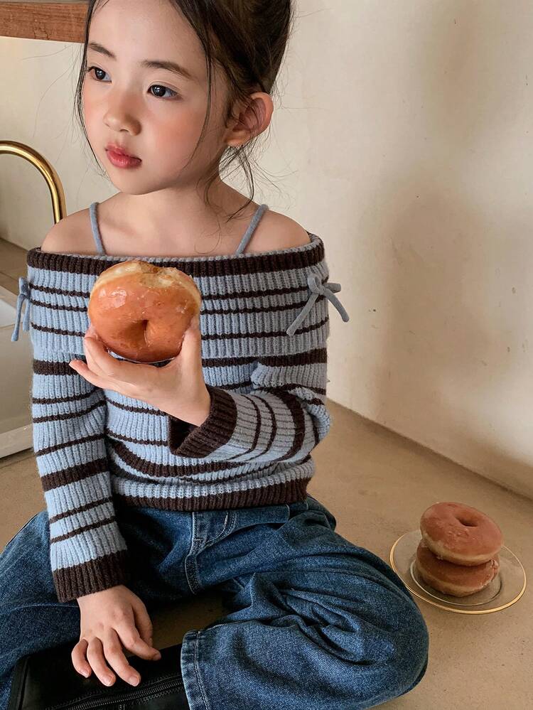 Young Girls Off Shoulder Striped Long Sleeve Sweater, Autumn/Winter