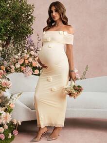 SHEIN 优雅派对纯色3D立体花卉装饰露肩孕妇装 - 黃色 - 查看 4