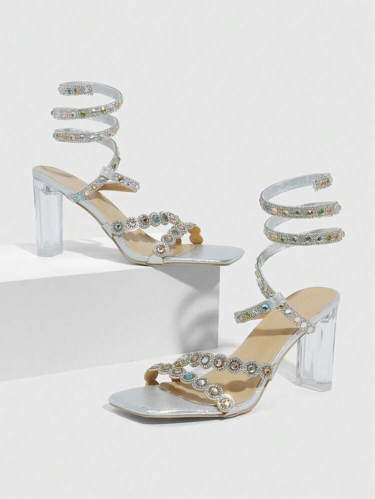 CUCCOO SZL Women's Rhinestone Decor Square Toe Fashionable Luxurious Elegant High Heel Sandals For Christmas