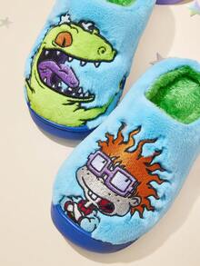 Nick 90s | SHEIN 可爱刺绣卡通男童蓝色儿童防滑室内拖鞋，适合幼儿和儿童，柔软毛绒保暖冬季家居鞋，轻便耐用EVA鞋底，适用于家庭卧室空调房，春、秋、冬季穿着，恐龙图案，不对称设计 - 藍色 - 查看 3