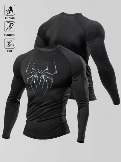 Manfinity Acti Log 1 件男士休闲运动印花长袖 T 恤男士压缩衬衫氨纶衬衫压缩长袖男士压缩上衣
