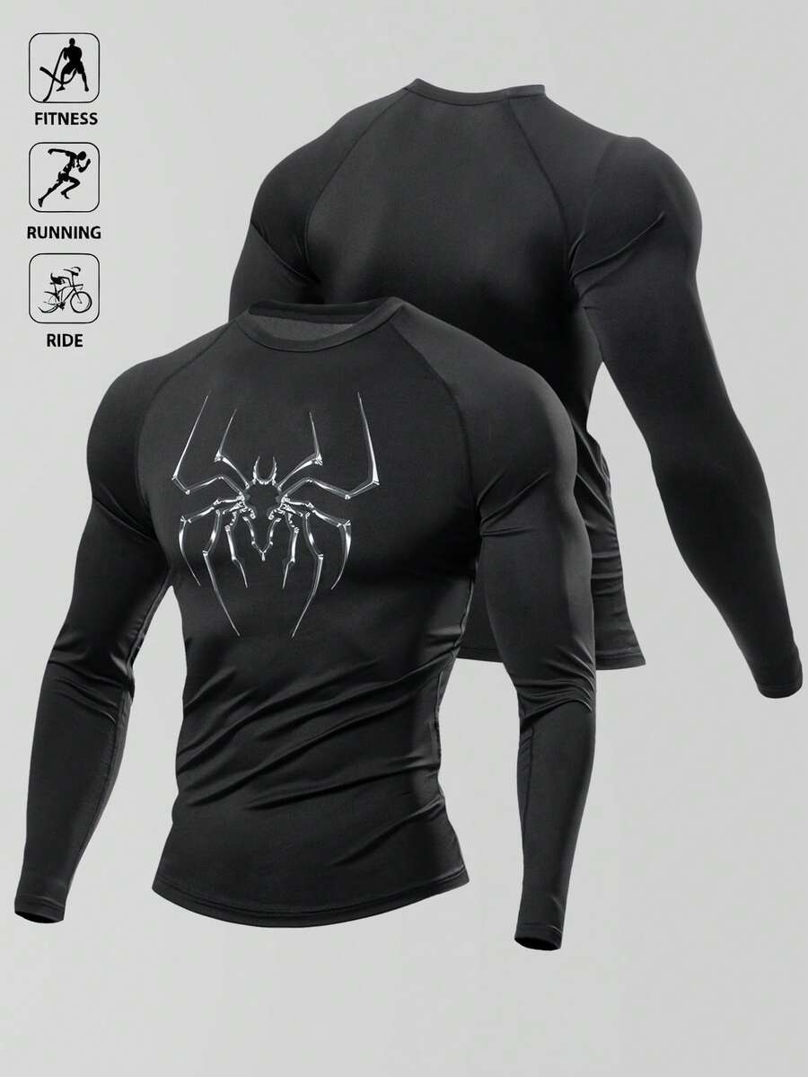 Acti Log 1 件男士休闲运动印花长袖 T 恤男士压缩衬衫氨纶衬衫压缩长袖男士压缩上衣 - 黑色 - 查看 1