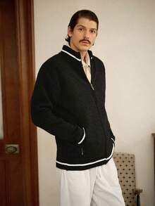 Manfinity Mode 男士休闲保暖撞色滚边拉链立领长袖开衫，秋冬款 - 黑色 - 查看 6