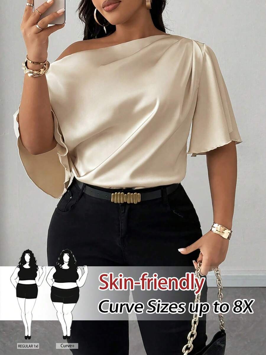 SHEIN CURVE+ 大码女士性感单肩荷叶边短袖优雅休闲夏季通勤衬衫 - 杏色 - 查看 1