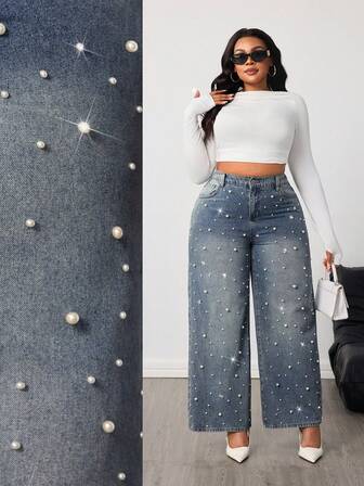 SHEIN BAE Plus Size Women High Waist Pocket Faux Pearl Decor Wide Leg Loose Casual Jeans