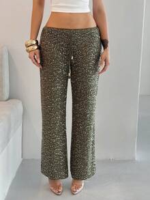 Shopreo Pantalón ancho de ganchillo con lentejuelas elegante para el verano, vestido de playa, vacaciones, estilo boho ibicenco para mujer - Verde Oliva - Ver 4