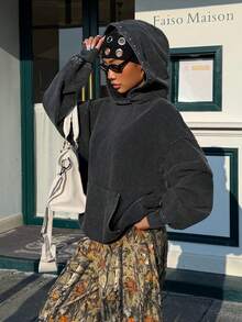 SHEIN EZwear 女士秋冬连帽卫衣，铆钉装饰，做旧雪洗设计 - 黑色 - 查看 5