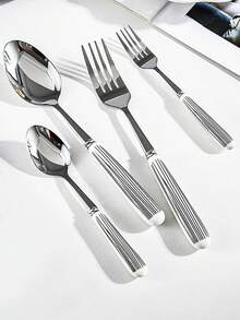 Madebyblanc 1/2 Bộ đồ ăn bằng thép không gỉ có tay cầm bằng gốm, bề mặt đánh bóng có họa tiết sọc Thìa tráng miệng, nĩa ăn tối và thìa để bàn bằng gốm - Dụng cụ nhà bếp sáng tạo bao gồm nĩa, thìa cà phê và thìa súp, lý tưởng cho bữa ăn hàng ngày - Nhiều màu - Xem 4