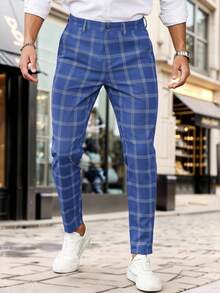 Manfinity Homme Men's Plaid Print Pocket Casual Suit Pants - Blue - View 3