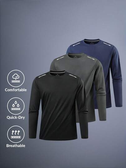  DRIFTMERE 男士基础款长袖T恤三件套，纯色运动速干内衣，轻便透气健身跑步上衣，秋季服装，适合秋冬季春夏季穿着