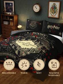 HARRY POTTER X SHEIN 3件套“活点地图”印花三件套被套，采用磨毛面料，柔软保暖，黑色被套，有多种尺寸可供选择，适合单人床/双人床/特大号床/超大号床。 - 深灰色 - 查看 7