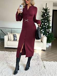 Easowa Sukienka damska w jednolitym kolorze z prążkowanym pasem - Burgund - Zobacz 2